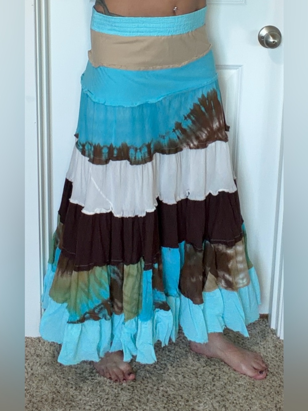 Boston Proper Tie-Dye Tiered Maxi Skirt in Turquoise, Brown & Cream